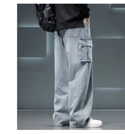 Wide Leg Cargo Pants - Men's Casual Trousers With Drawstring Waist & Pockets - ZOOMNSTORE