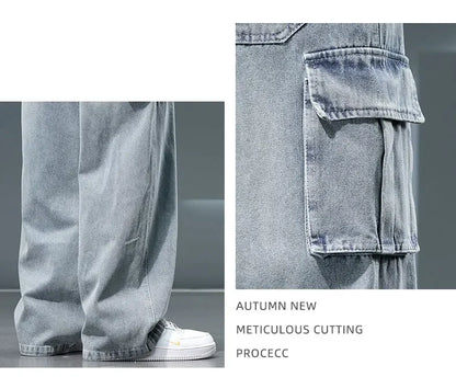Wide Leg Cargo Pants - Men's Casual Trousers With Drawstring Waist & Pockets - ZOOMNSTORE