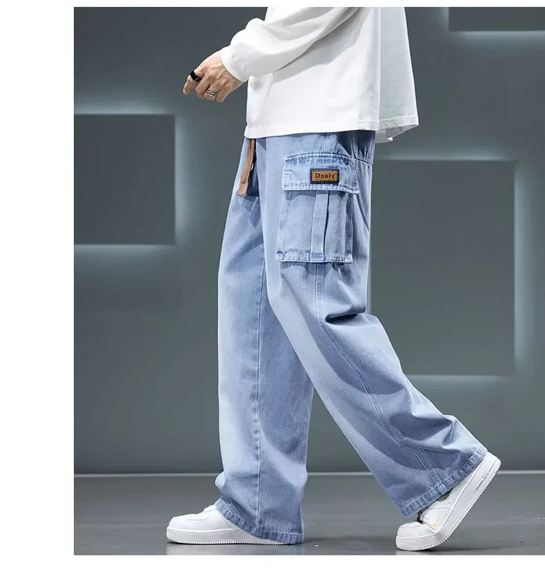 Wide Leg Cargo Pants - Men's Casual Trousers With Drawstring Waist & Pockets - ZOOMNSTORE