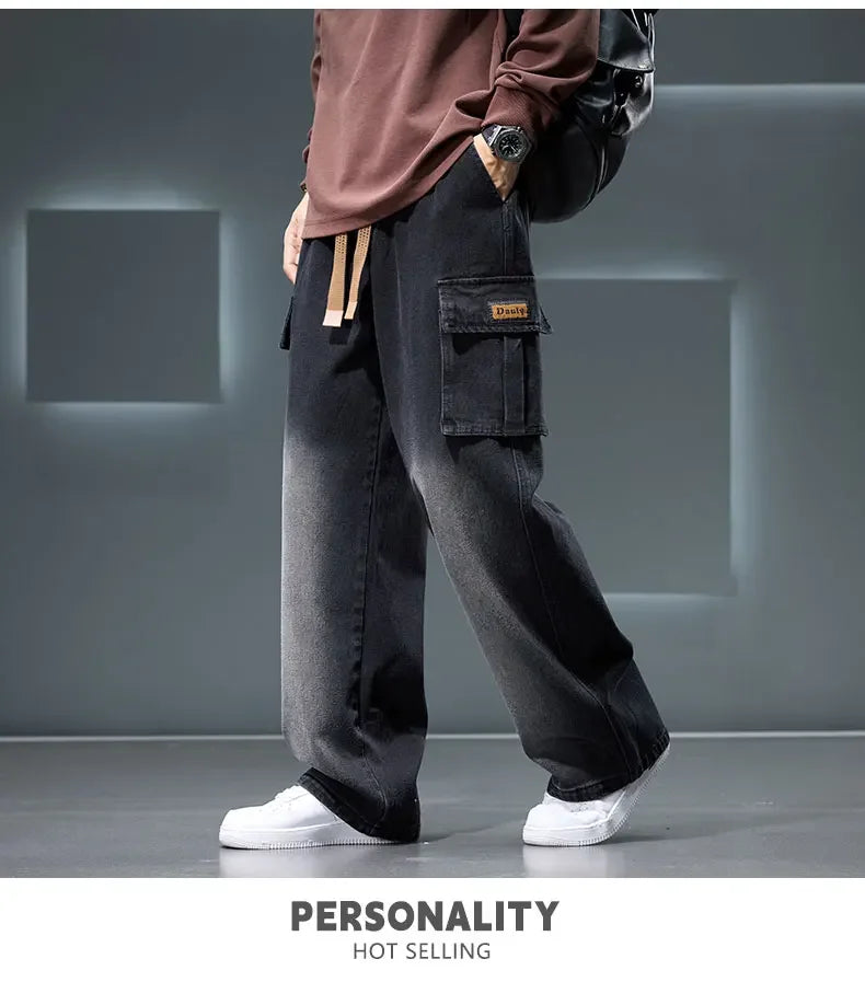 Wide Leg Cargo Pants - Men's Casual Trousers With Drawstring Waist & Pockets - ZOOMNSTORE