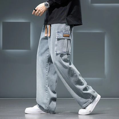 Wide Leg Cargo Pants - Men's Casual Trousers With Drawstring Waist & Pockets - ZOOMNSTORE