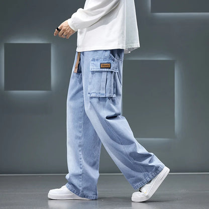 Wide Leg Cargo Pants - Men's Casual Trousers With Drawstring Waist & Pockets - ZOOMNSTORE
