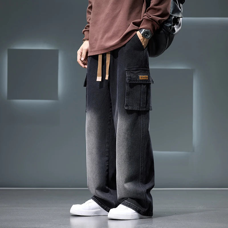 Wide Leg Cargo Pants - Men's Casual Trousers With Drawstring Waist & Pockets - ZOOMNSTORE