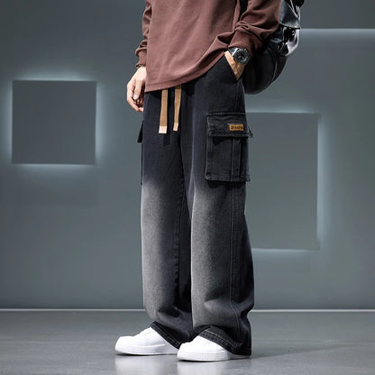 Wide Leg Cargo Pants - Men's Casual Trousers With Drawstring Waist & Pockets - ZOOMNSTORE