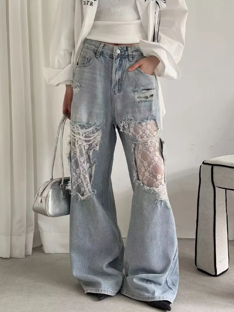 Wide Leg Jeans - 2025 Women's High Waist Lace Spliced Denim Pants With Patchwork - ZOOMNSTORE
