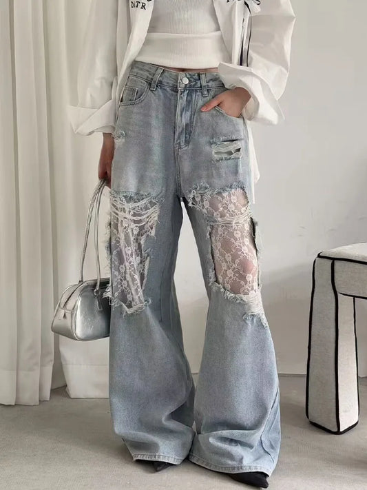 Wide Leg Jeans - 2025 Women's High Waist Lace Spliced Denim Pants With Patchwork - ZOOMNSTORE