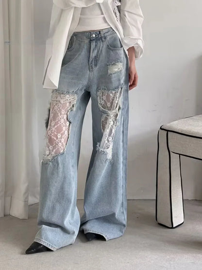 Wide Leg Jeans - 2025 Women's High Waist Lace Spliced Denim Pants With Patchwork - ZOOMNSTORE