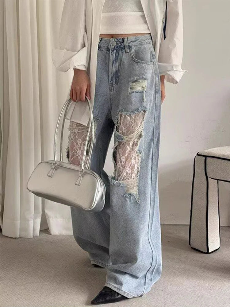 Wide Leg Jeans - 2025 Women's High Waist Lace Spliced Denim Pants With Patchwork - ZOOMNSTORE