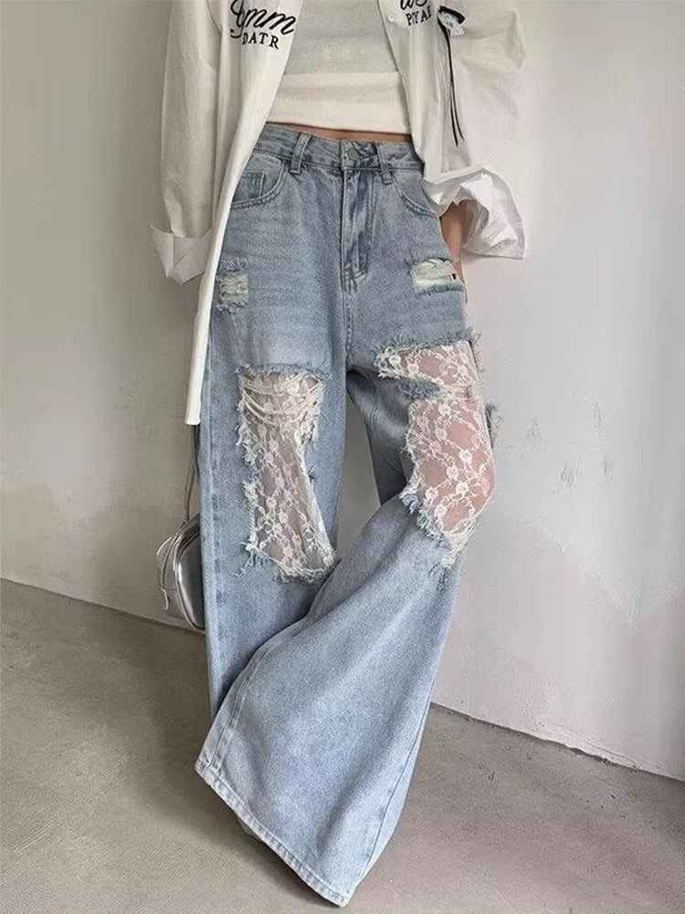 Wide Leg Jeans - 2025 Women's High Waist Lace Spliced Denim Pants With Patchwork - ZOOMNSTORE