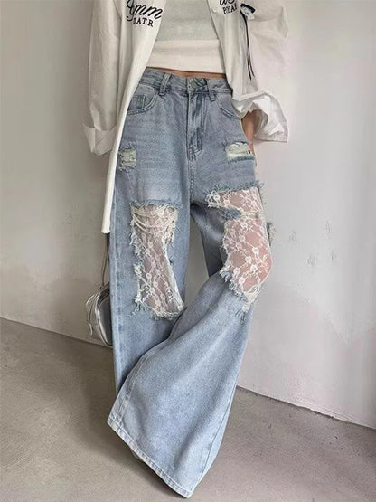 Wide Leg Jeans - 2025 Women's High Waist Lace Spliced Denim Pants With Patchwork - ZOOMNSTORE
