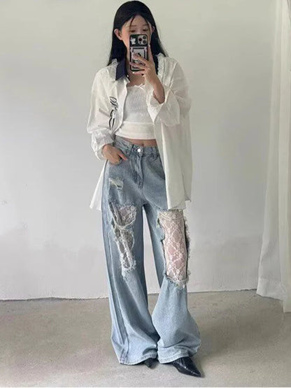 Wide Leg Jeans - 2025 Women's High Waist Lace Spliced Denim Pants With Patchwork - ZOOMNSTORE