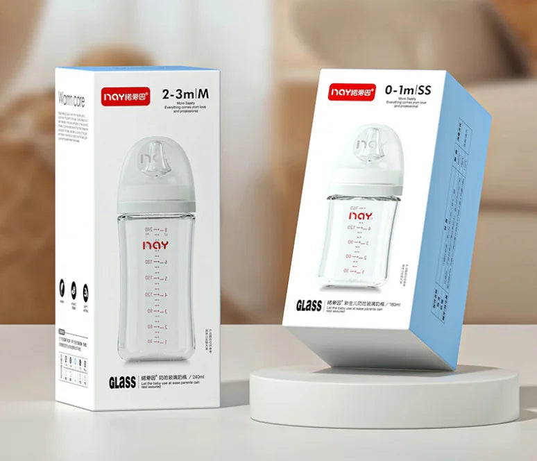 Newborns' wide caliber anti choking glass milk bottle 0-3 months bottle straight body newborn baby bottle - ZOOMNSTORE