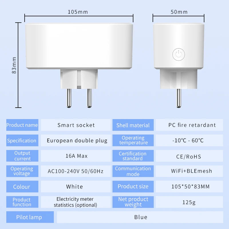 Wifi Smart Plug Dual Outlet Socket EU 16A/20A with Power Monitor & Voice Control - ZOOMNSTORE
