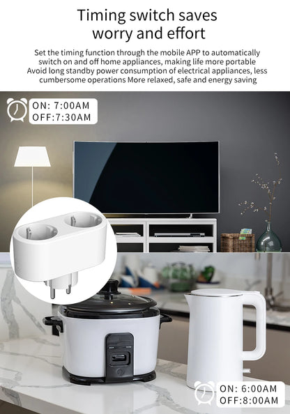 Wifi Smart Plug Dual Outlet Socket EU 16A/20A with Power Monitor & Voice Control - ZOOMNSTORE
