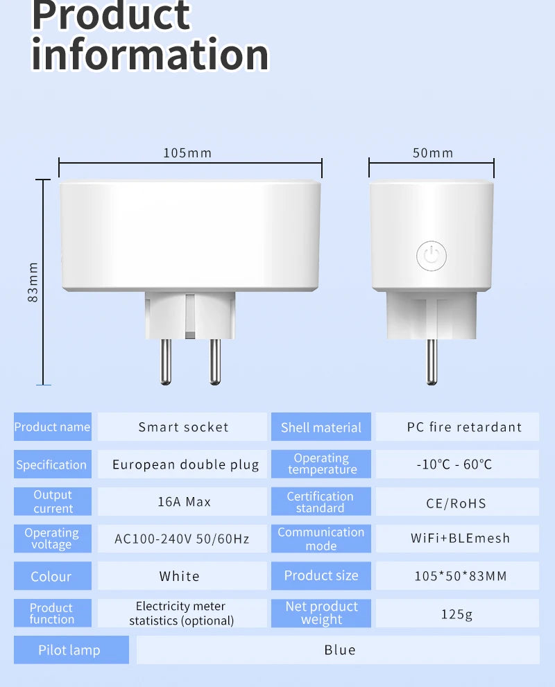 Wifi Smart Plug Dual Outlet Socket EU 16A/20A with Power Monitor & Voice Control - ZOOMNSTORE