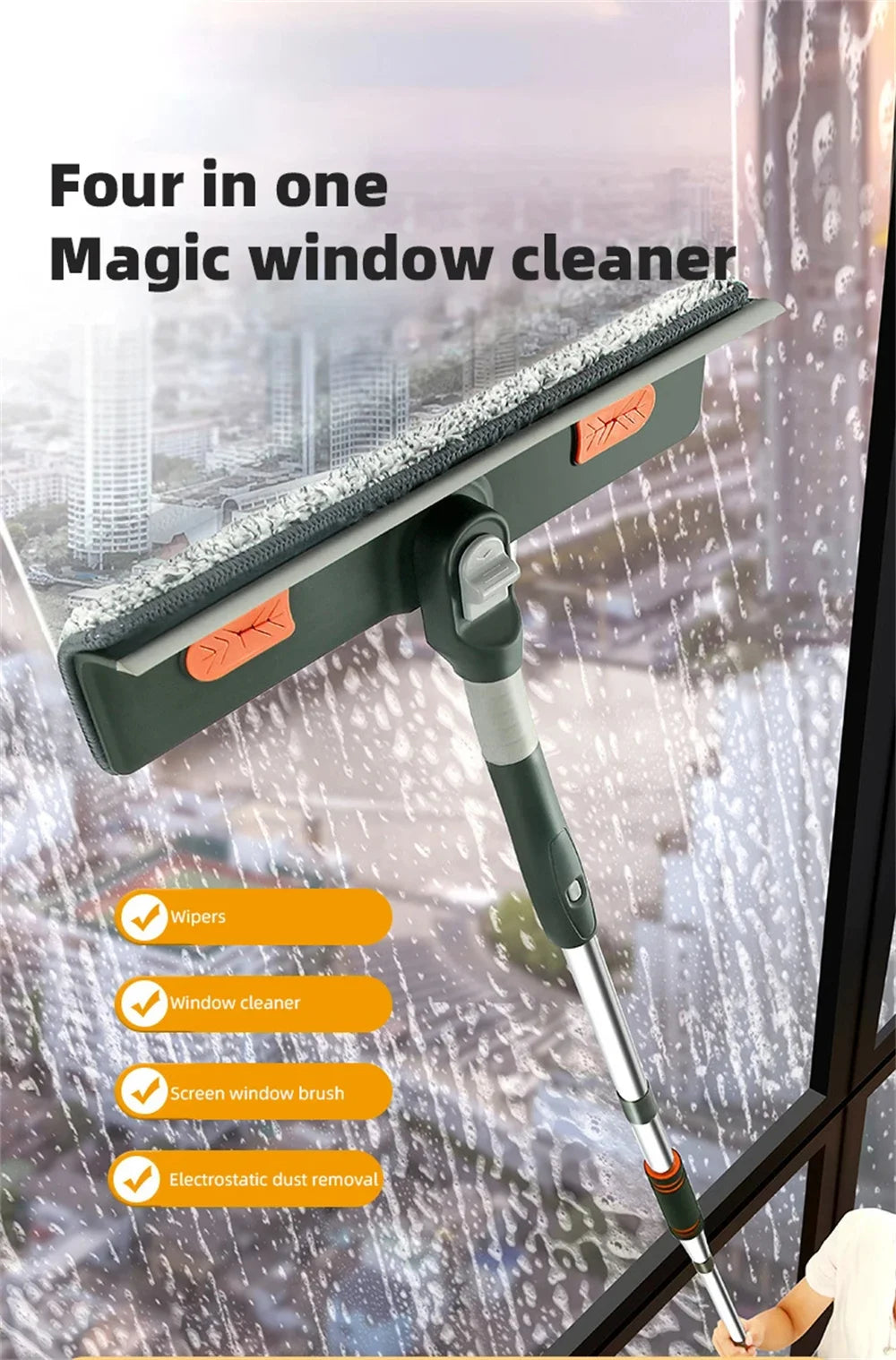 Extended Window Cleaning Tool - Glass Cleaner Mop with Silicone Scraper - ZOOMNSTORE