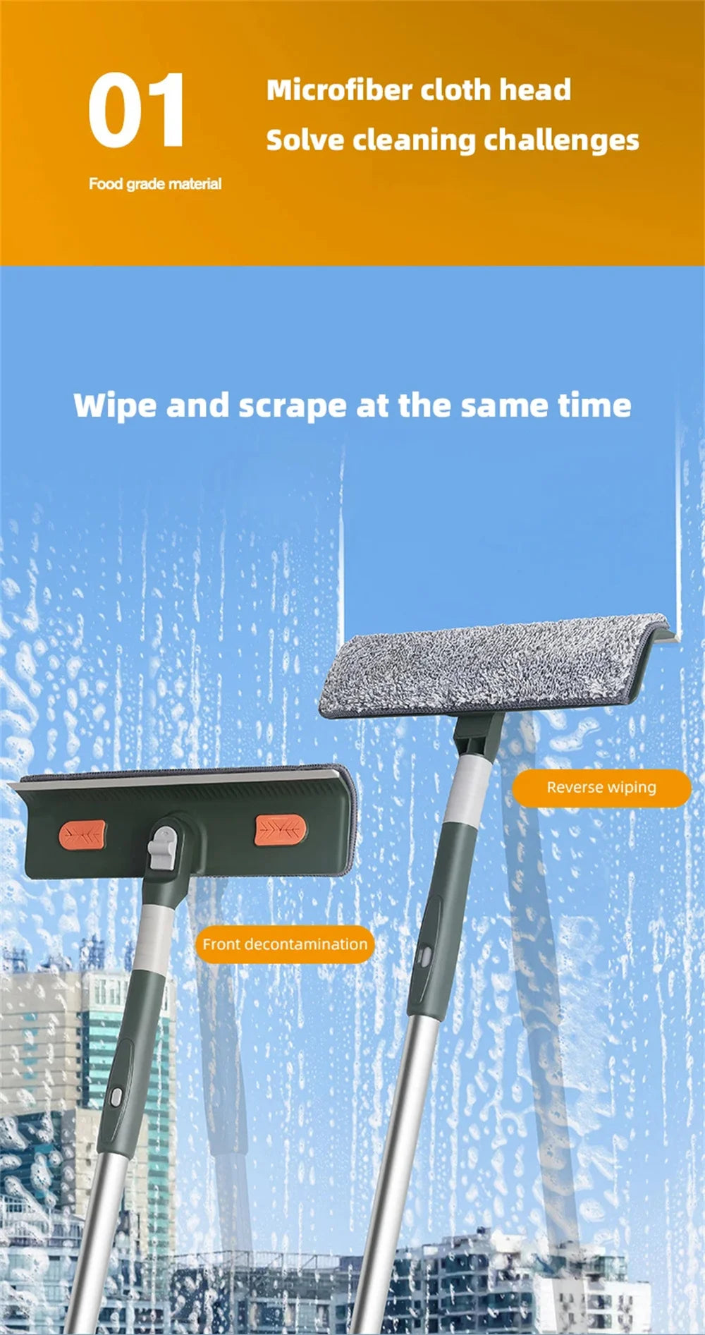 Extended Window Cleaning Tool - Glass Cleaner Mop with Silicone Scraper - ZOOMNSTORE