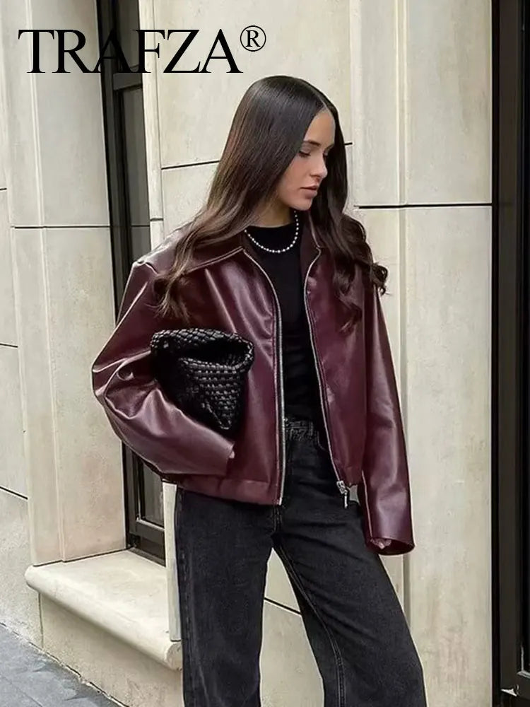 Wine Red Faux Leather Jacket - Womens Thicken Zipper Lapel Coat for Autumn Winter Streetwear - ZOOMNSTORE