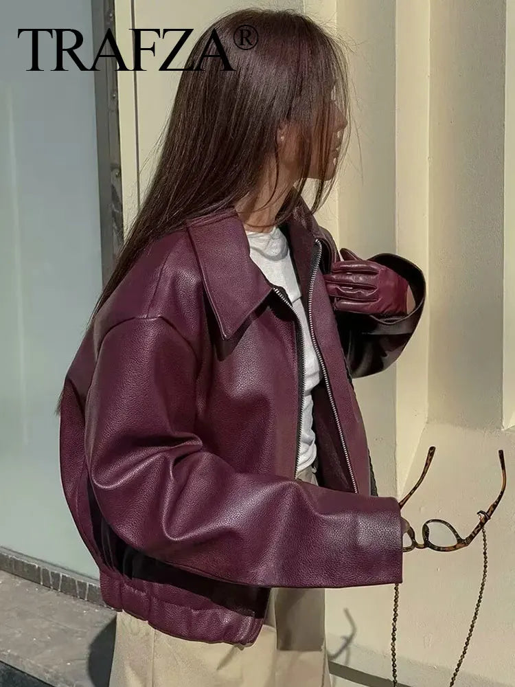 Wine Red Faux Leather Jacket - Womens Thicken Zipper Lapel Coat for Autumn Winter Streetwear - ZOOMNSTORE