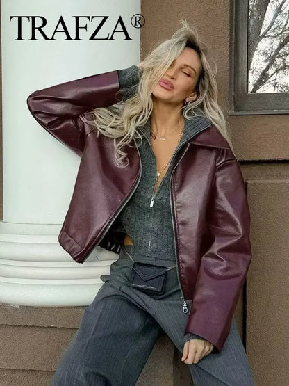 Wine Red Faux Leather Jacket - Womens Thicken Zipper Lapel Coat for Autumn Winter Streetwear - ZOOMNSTORE