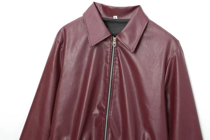 Wine Red Faux Leather Jacket - Womens Thicken Zipper Lapel Coat for Autumn Winter Streetwear - ZOOMNSTORE