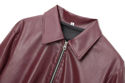 Wine Red Faux Leather Jacket - Womens Thicken Zipper Lapel Coat for Autumn Winter Streetwear - ZOOMNSTORE