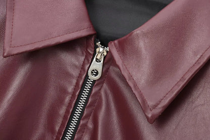 Wine Red Faux Leather Jacket - Womens Thicken Zipper Lapel Coat for Autumn Winter Streetwear - ZOOMNSTORE
