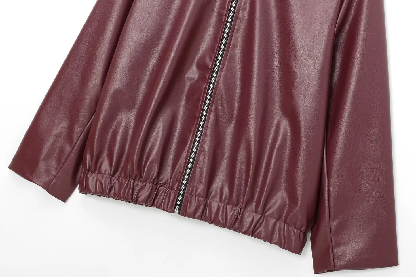 Wine Red Faux Leather Jacket - Womens Thicken Zipper Lapel Coat for Autumn Winter Streetwear - ZOOMNSTORE