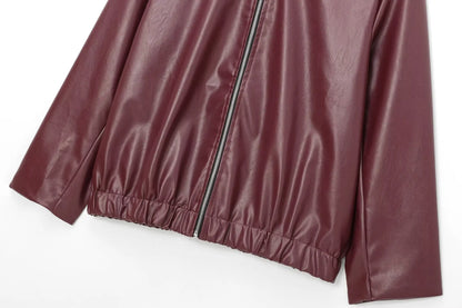 Wine Red Faux Leather Jacket - Womens Thicken Zipper Lapel Coat for Autumn Winter Streetwear - ZOOMNSTORE