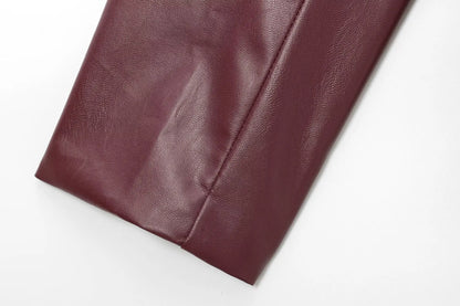 Wine Red Faux Leather Jacket - Womens Thicken Zipper Lapel Coat for Autumn Winter Streetwear - ZOOMNSTORE