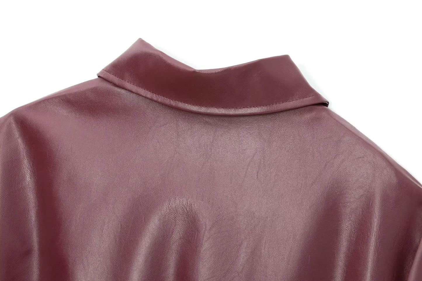 Wine Red Faux Leather Jacket - Womens Thicken Zipper Lapel Coat for Autumn Winter Streetwear - ZOOMNSTORE
