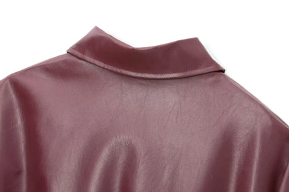 Wine Red Faux Leather Jacket - Womens Thicken Zipper Lapel Coat for Autumn Winter Streetwear - ZOOMNSTORE
