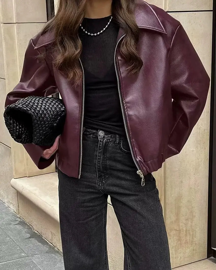 Wine Red Faux Leather Jacket - Womens Thicken Zipper Lapel Coat for Autumn Winter Streetwear - ZOOMNSTORE