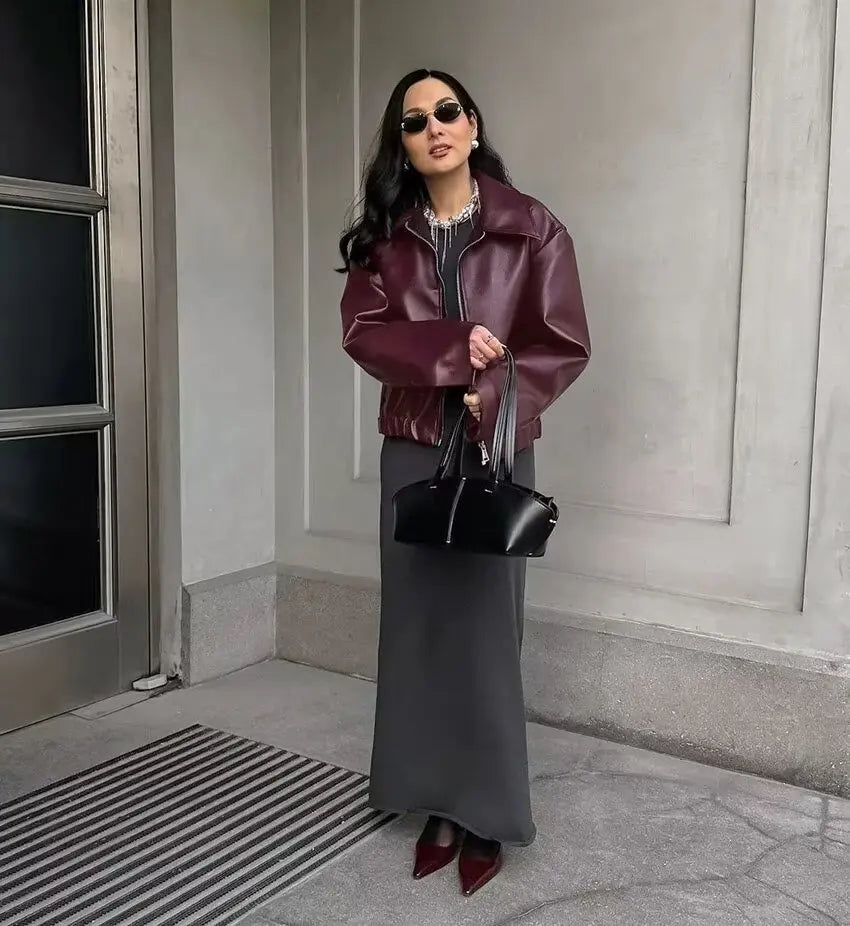 Wine Red Faux Leather Jacket - Womens Thicken Zipper Lapel Coat for Autumn Winter Streetwear - ZOOMNSTORE