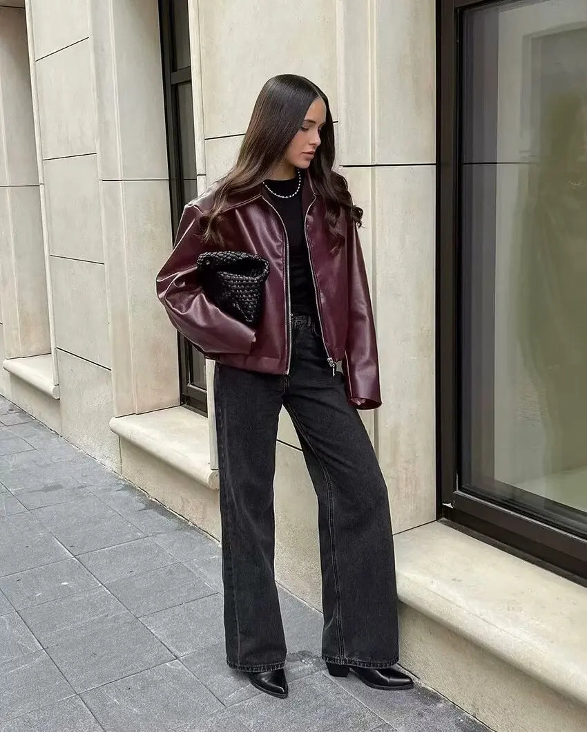 Wine Red Faux Leather Jacket - Womens Thicken Zipper Lapel Coat for Autumn Winter Streetwear - ZOOMNSTORE