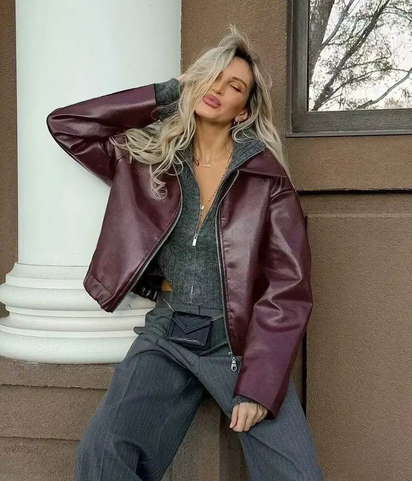 Wine Red Faux Leather Jacket - Womens Thicken Zipper Lapel Coat for Autumn Winter Streetwear - ZOOMNSTORE