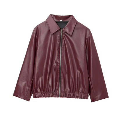 Wine Red Faux Leather Jacket - Womens Thicken Zipper Lapel Coat for Autumn Winter Streetwear - ZOOMNSTORE