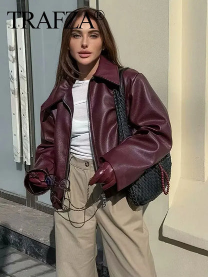 Wine Red Faux Leather Jacket - Womens Thicken Zipper Lapel Coat for Autumn Winter Streetwear - ZOOMNSTORE