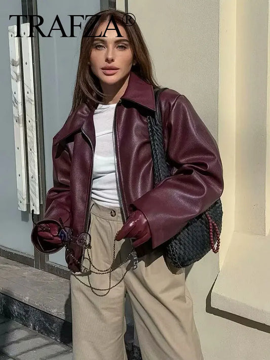 Wine Red Faux Leather Jacket - Womens Thicken Zipper Lapel Coat for Autumn Winter Streetwear - ZOOMNSTORE