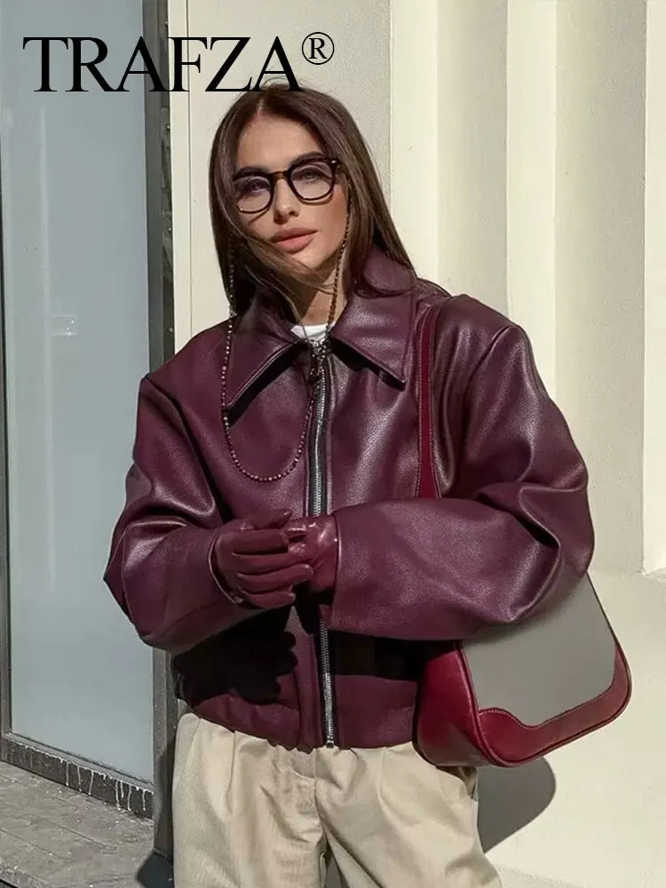 Wine Red Faux Leather Jacket - Womens Thicken Zipper Lapel Coat for Autumn Winter Streetwear - ZOOMNSTORE
