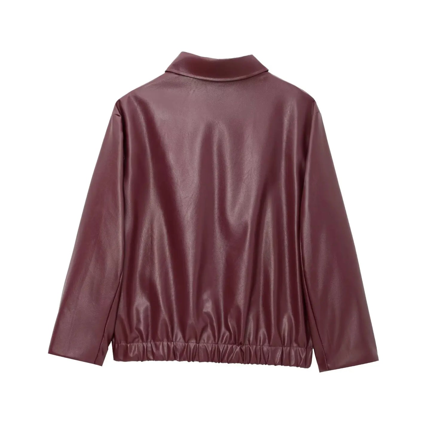 Wine Red Faux Leather Jacket - Womens Thicken Zipper Lapel Coat for Autumn Winter Streetwear - ZOOMNSTORE