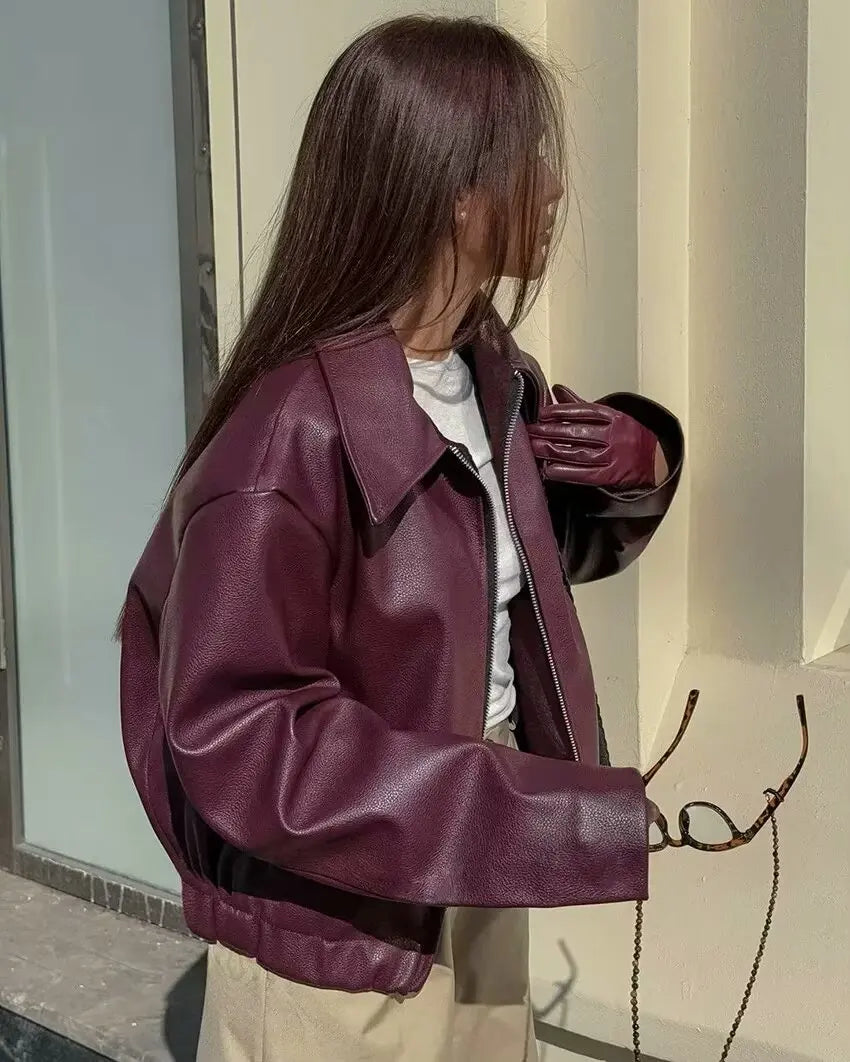 Wine Red Faux Leather Jacket - Womens Thicken Zipper Lapel Coat for Autumn Winter Streetwear - ZOOMNSTORE
