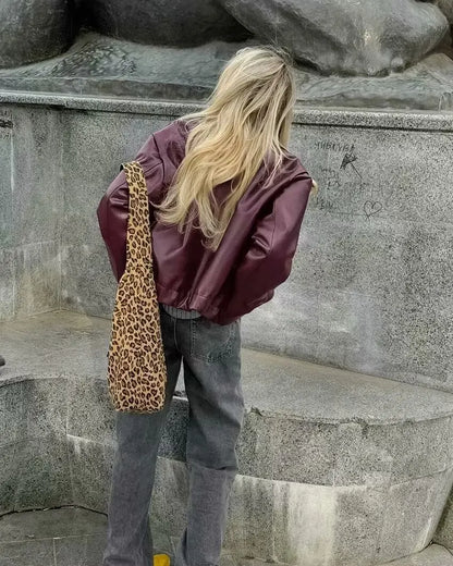 Wine Red Faux Leather Jacket - Womens Thicken Zipper Lapel Coat for Autumn Winter Streetwear - ZOOMNSTORE