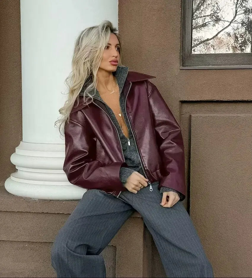Wine Red Faux Leather Jacket - Womens Thicken Zipper Lapel Coat for Autumn Winter Streetwear - ZOOMNSTORE