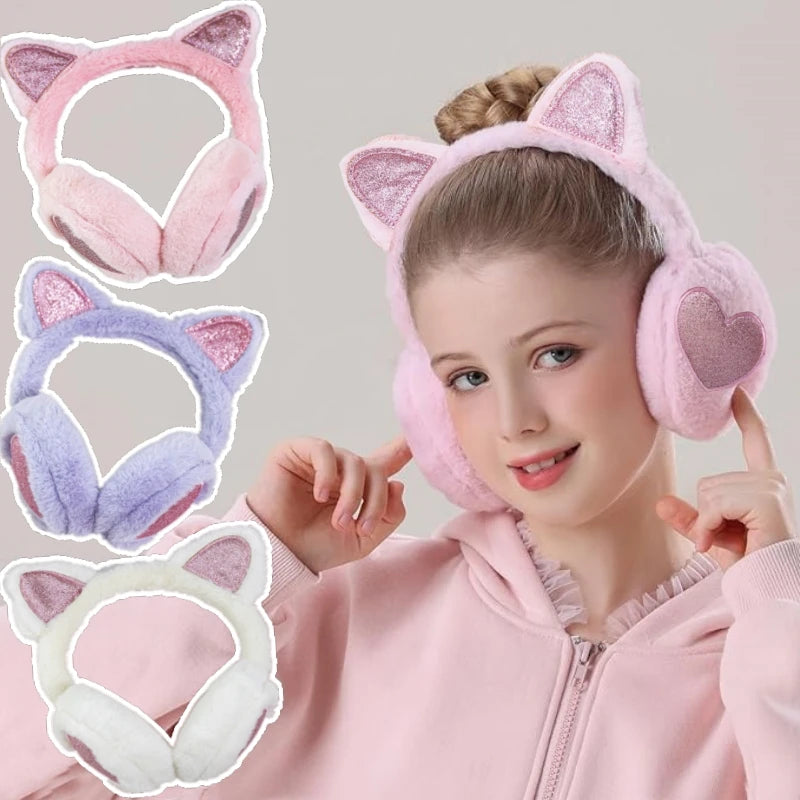 Winter Ear Muffs Plush Cat Ear Earmuffs With Heart Fur Earflaps For Girls Cold Protection - ZOOMNSTORE