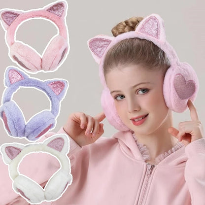 Winter Ear Muffs Plush Cat Ear Earmuffs With Heart Fur Earflaps For Girls Cold Protection - ZOOMNSTORE
