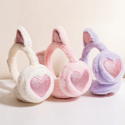 Winter Ear Muffs Plush Cat Ear Earmuffs With Heart Fur Earflaps For Girls Cold Protection - ZOOMNSTORE