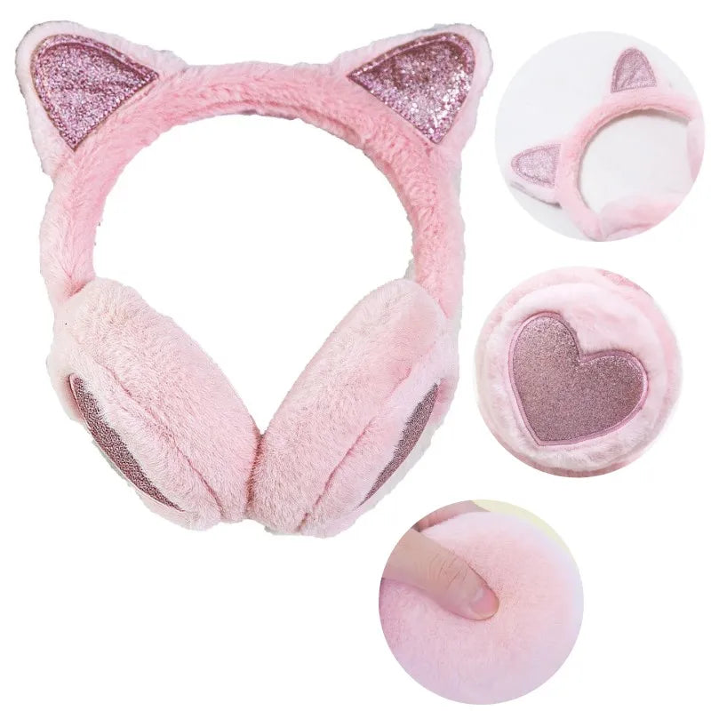 Winter Ear Muffs Plush Cat Ear Earmuffs With Heart Fur Earflaps For Girls Cold Protection - ZOOMNSTORE