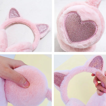 Winter Ear Muffs Plush Cat Ear Earmuffs With Heart Fur Earflaps For Girls Cold Protection - ZOOMNSTORE