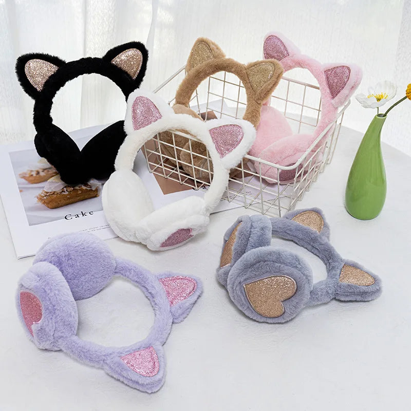 Winter Ear Muffs Plush Cat Ear Earmuffs With Heart Fur Earflaps For Girls Cold Protection - ZOOMNSTORE